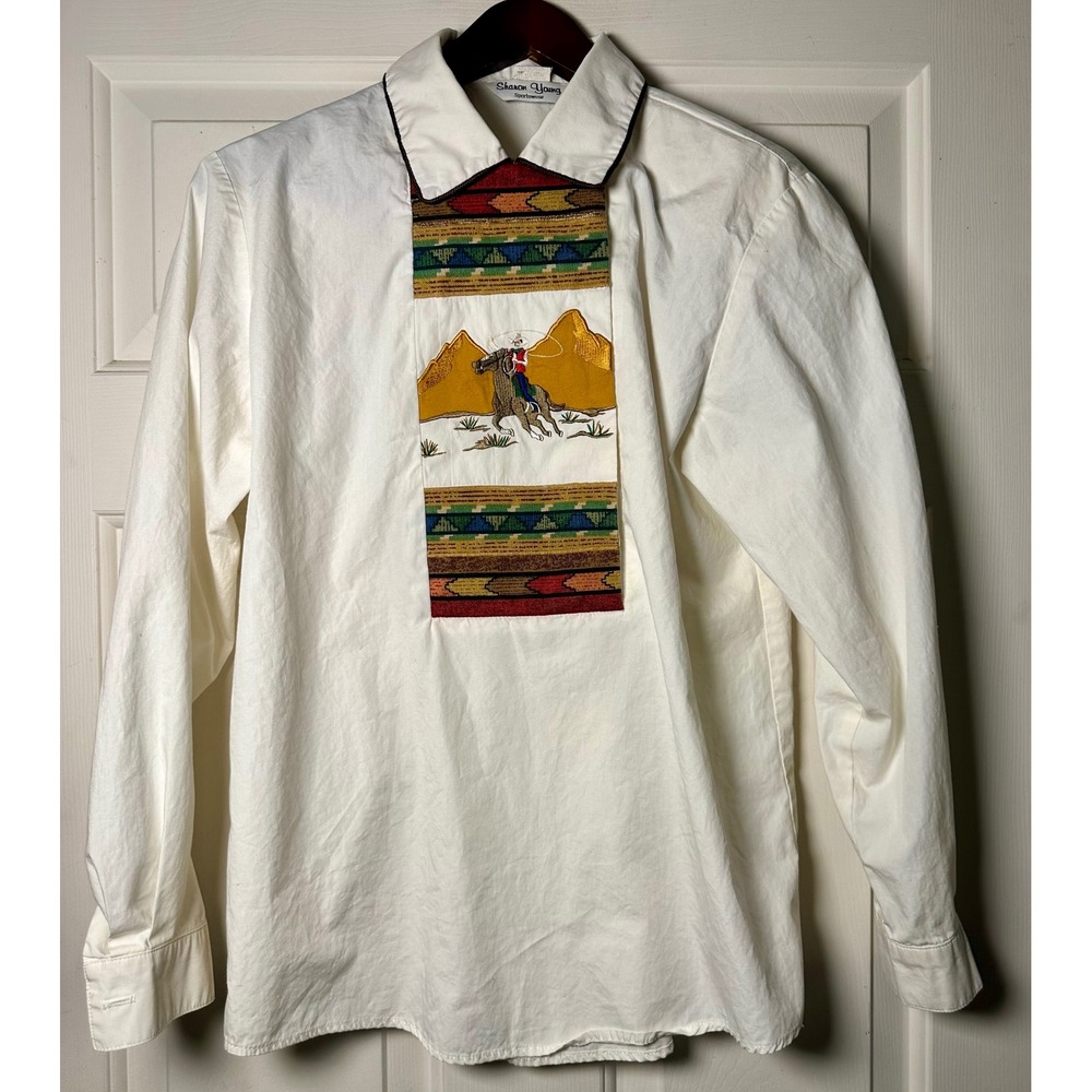 Sharon Young Sportswear Western Cowboy Embroidered Cotton Button Down Shirt Sz 2